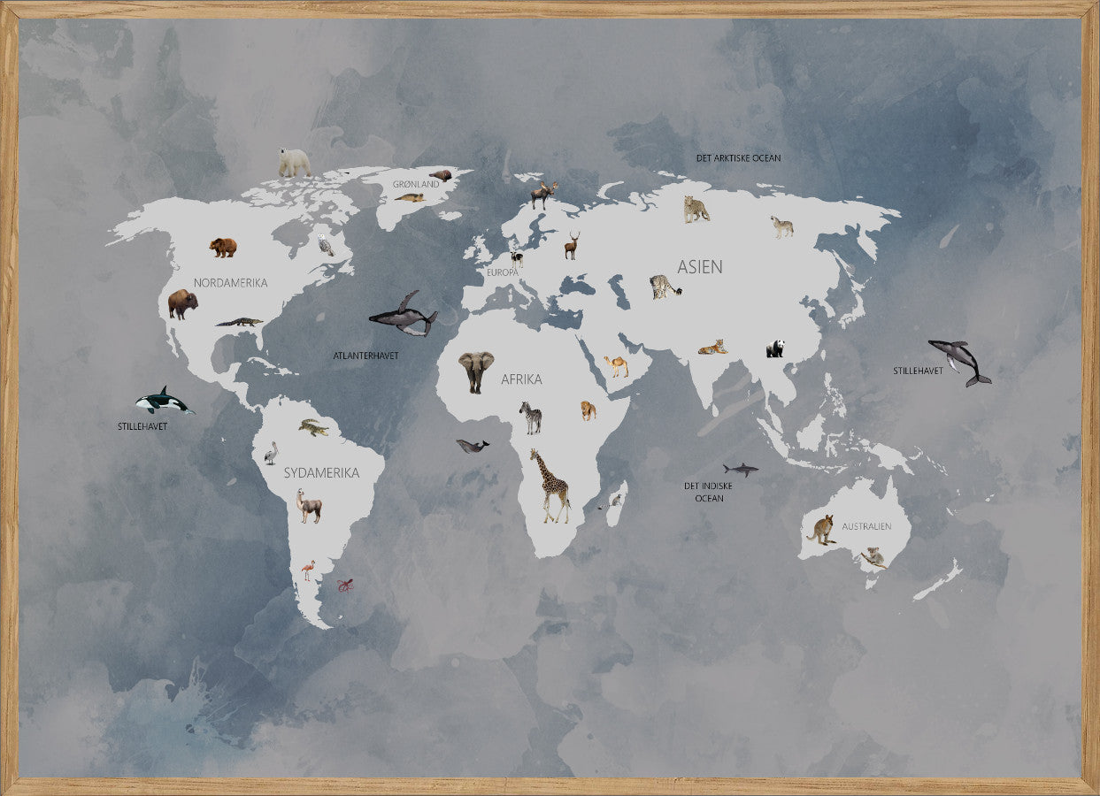 WORLD MAP BLUE - BØRNEPLAKAT - VERDENSKORT MED DYR